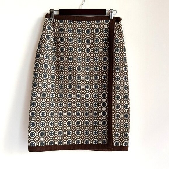 Rhydybont  Woolens Wool Geometric Pront Blue Brown Wrap Skirt M - Picture 1 of 9